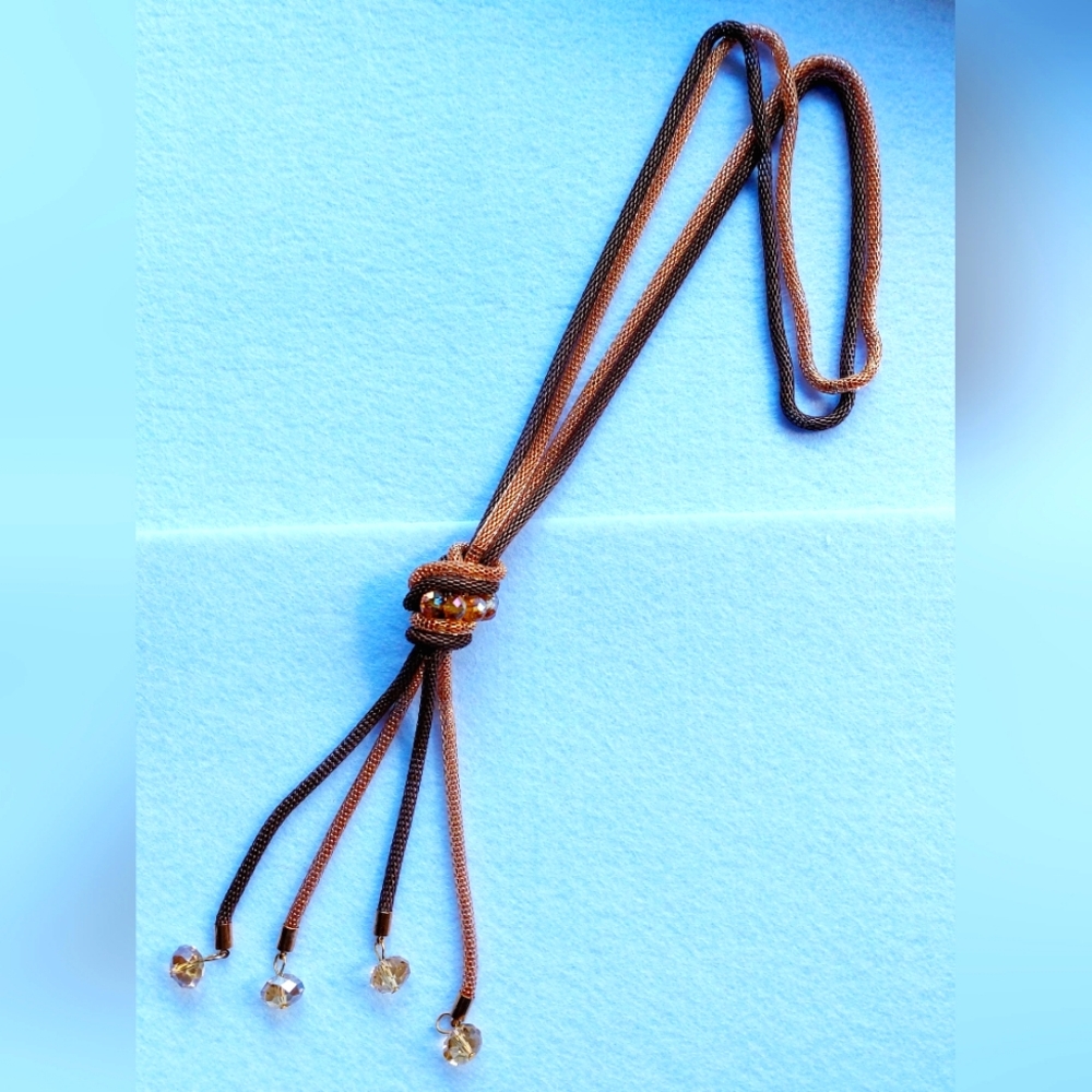 Long Necklace Thick Chain Linked Multi-Tone Cooper Gold Dangle Crystal Strands